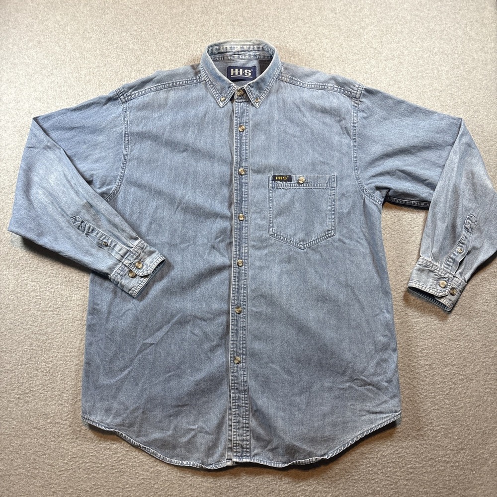 VTG H•I•S Denim Long Sleeve Button Down Men's L Blue 90s Chore Work Style Y2K